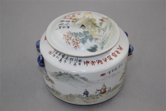 A Chinese enamelled porcelain cylindrical kamcheng and cover, 19cm